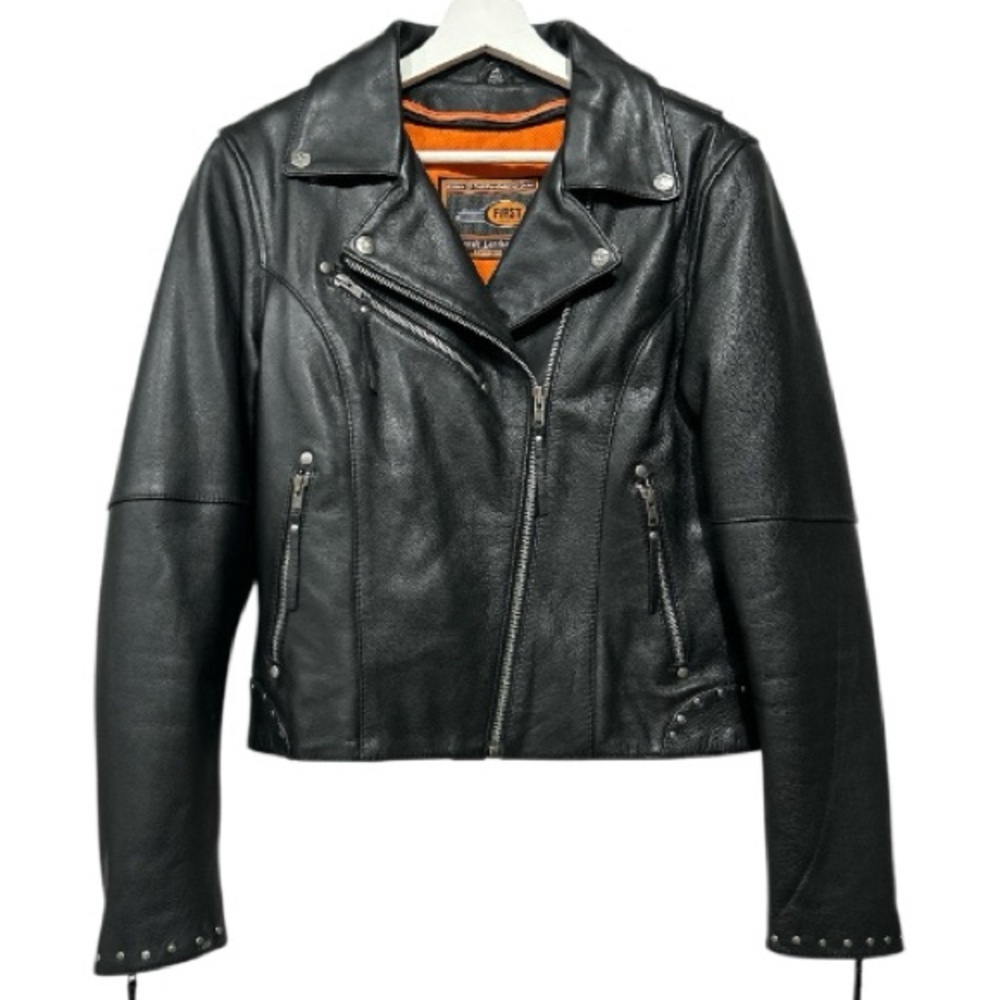 Black Leather Biker Moto Jacket Studs Removable Quilted Lining Edgy Rockerchic M